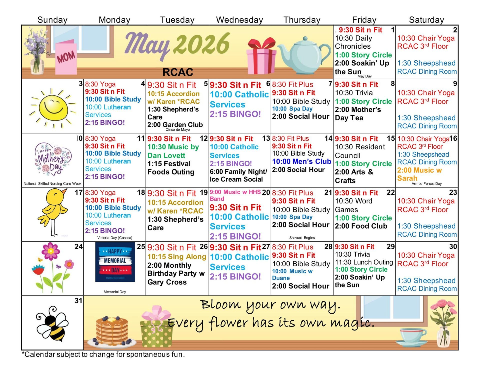 Colorful May 2026 calendar with daily boxes, floral decorations, and a bee-themed quote banner