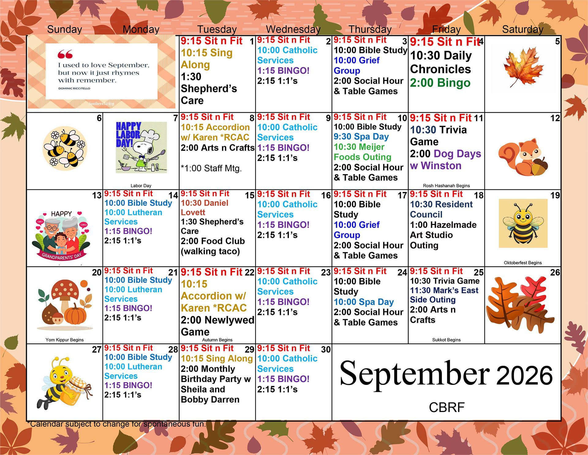 September 2026 CBRF Calendar
