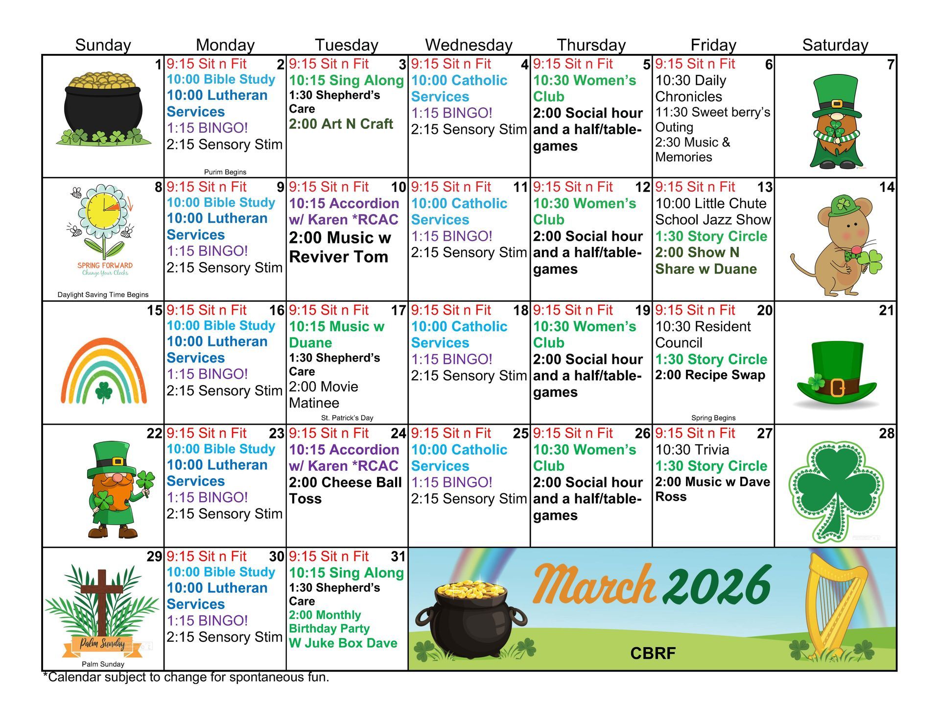 March 2026 calendar with St. Patrick's Day theme. Includes leprechauns, a rainbow, and a pot of gold.