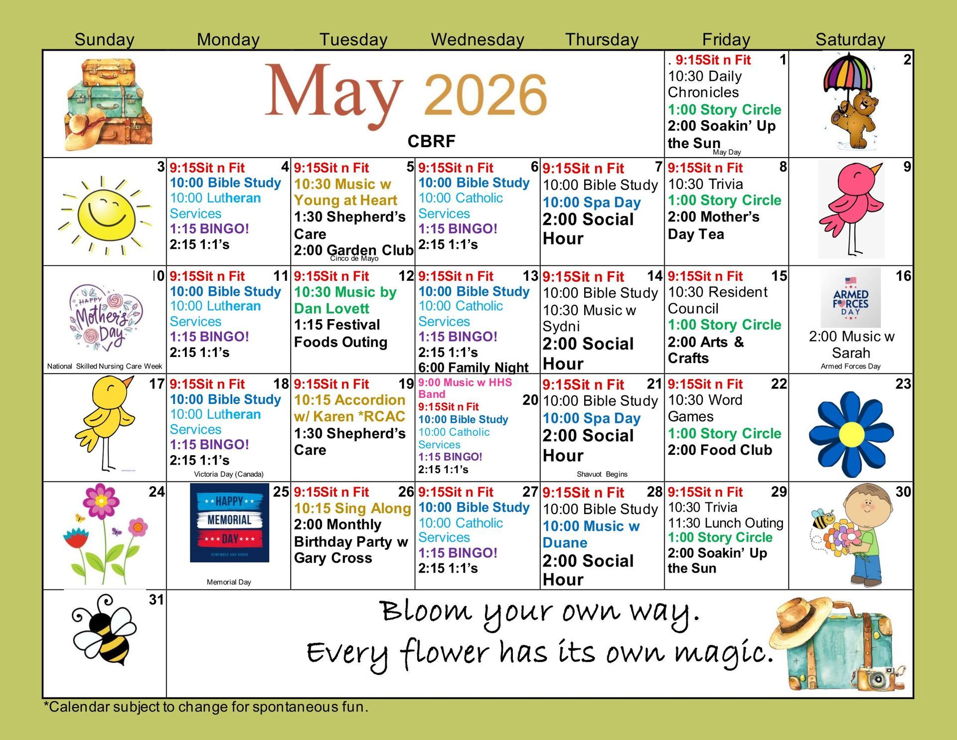 May 2026 floral classroom calendar with colorful bee and flower decorations and daily boxes