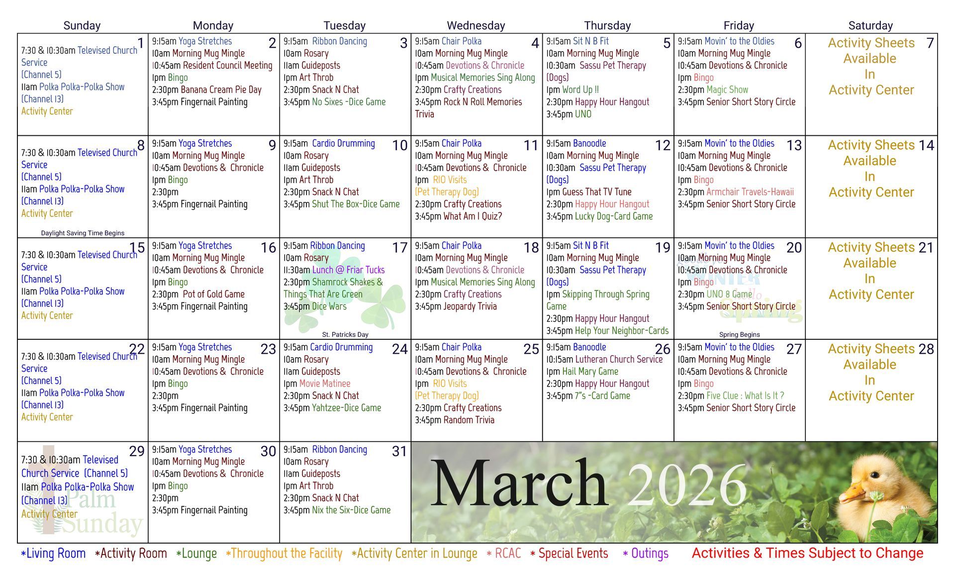 March 2026 calendar with daily activities. Duckling graphic at the bottom right.
