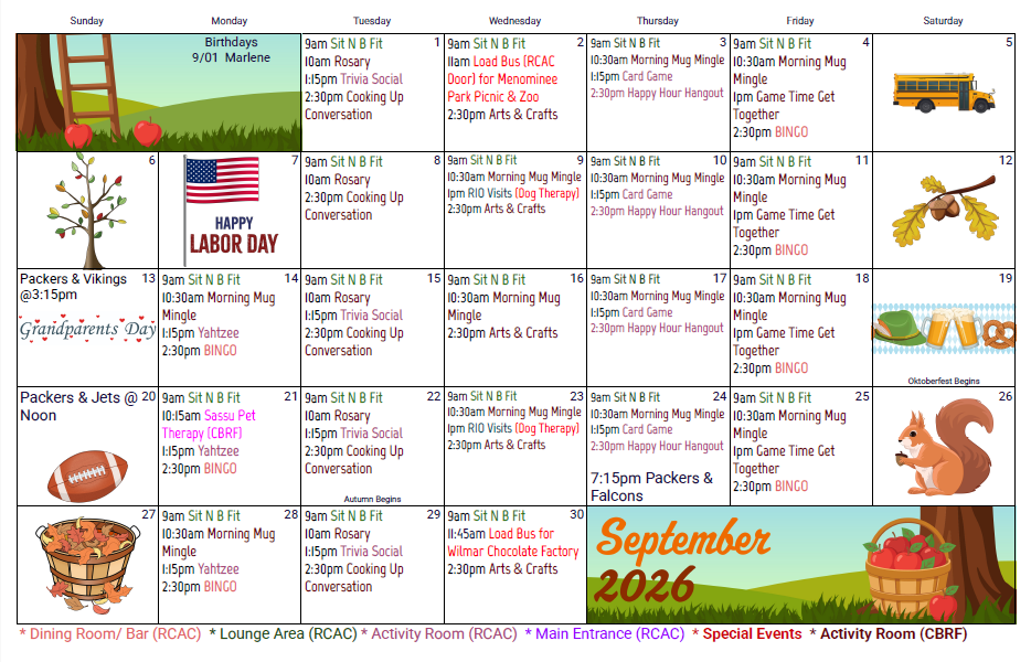 September 2026 calendar with apples, school bus, crayons, squirrel, and Labor Day marked.