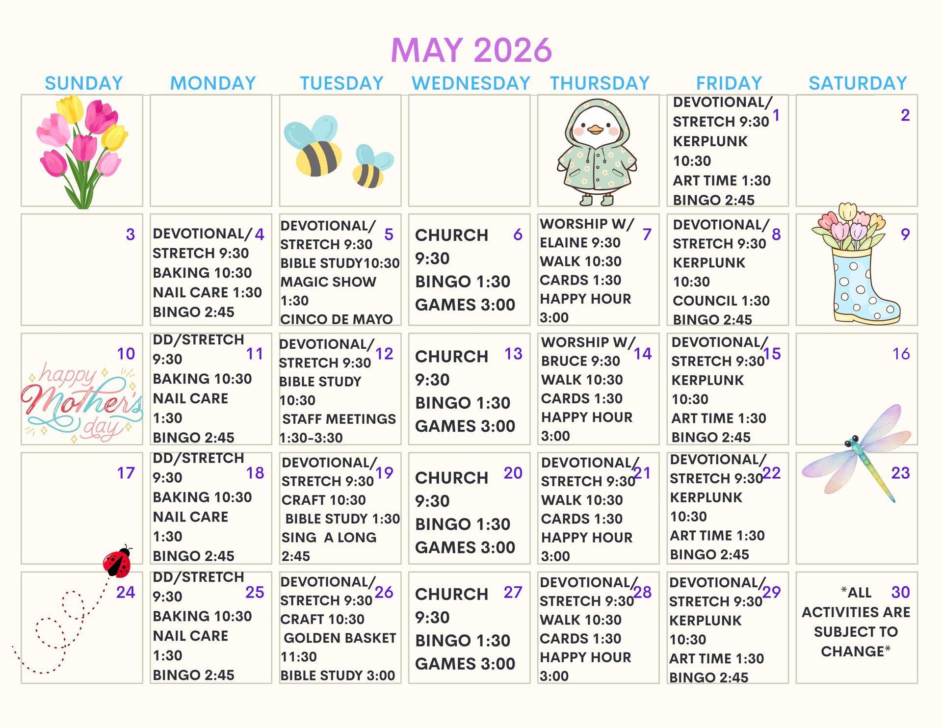 Pastel May 2026 weekly calendar with bees, flowers, and cartoon fairy decorations