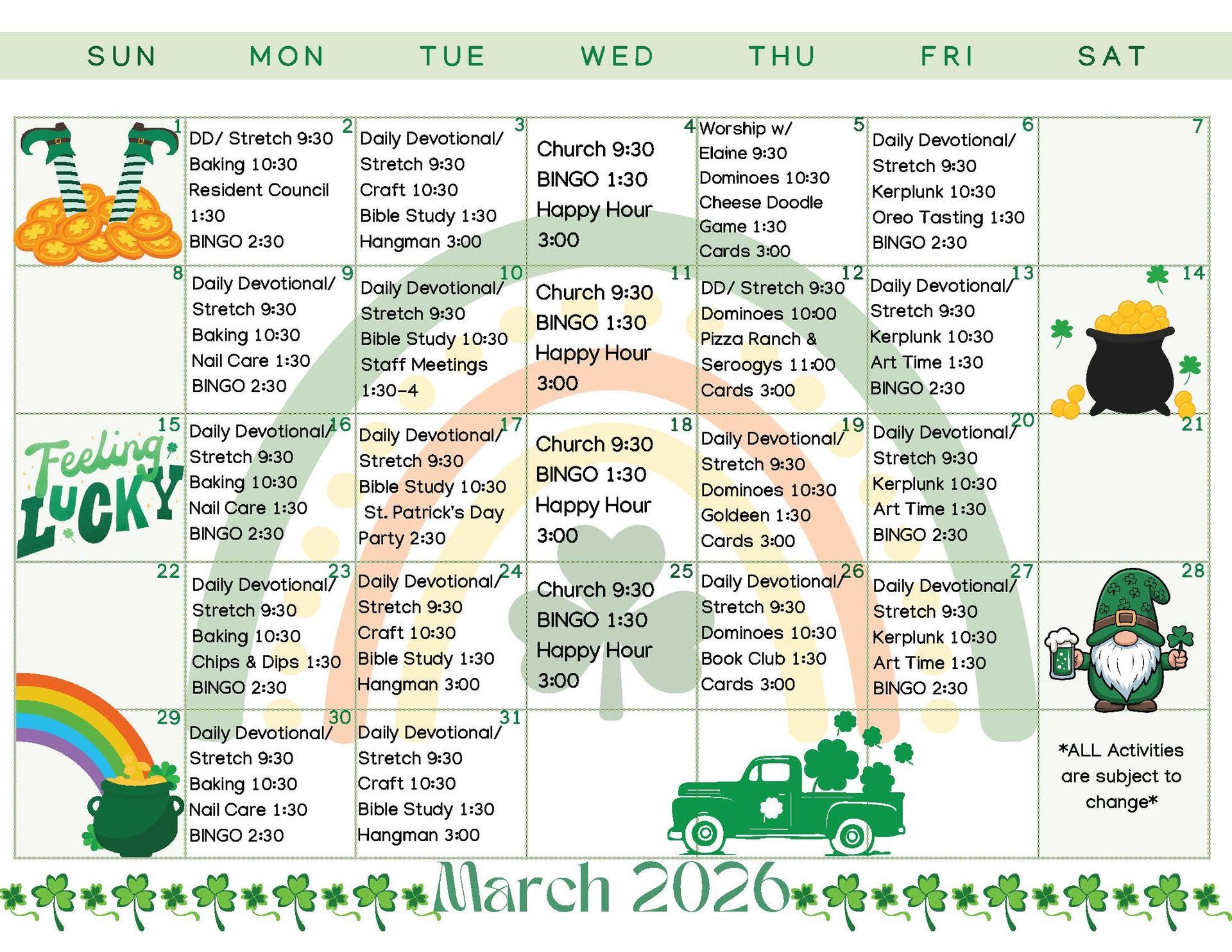 March 2026 calendar, St. Patrick's Day theme, with leprechauns, rainbows, and events.
