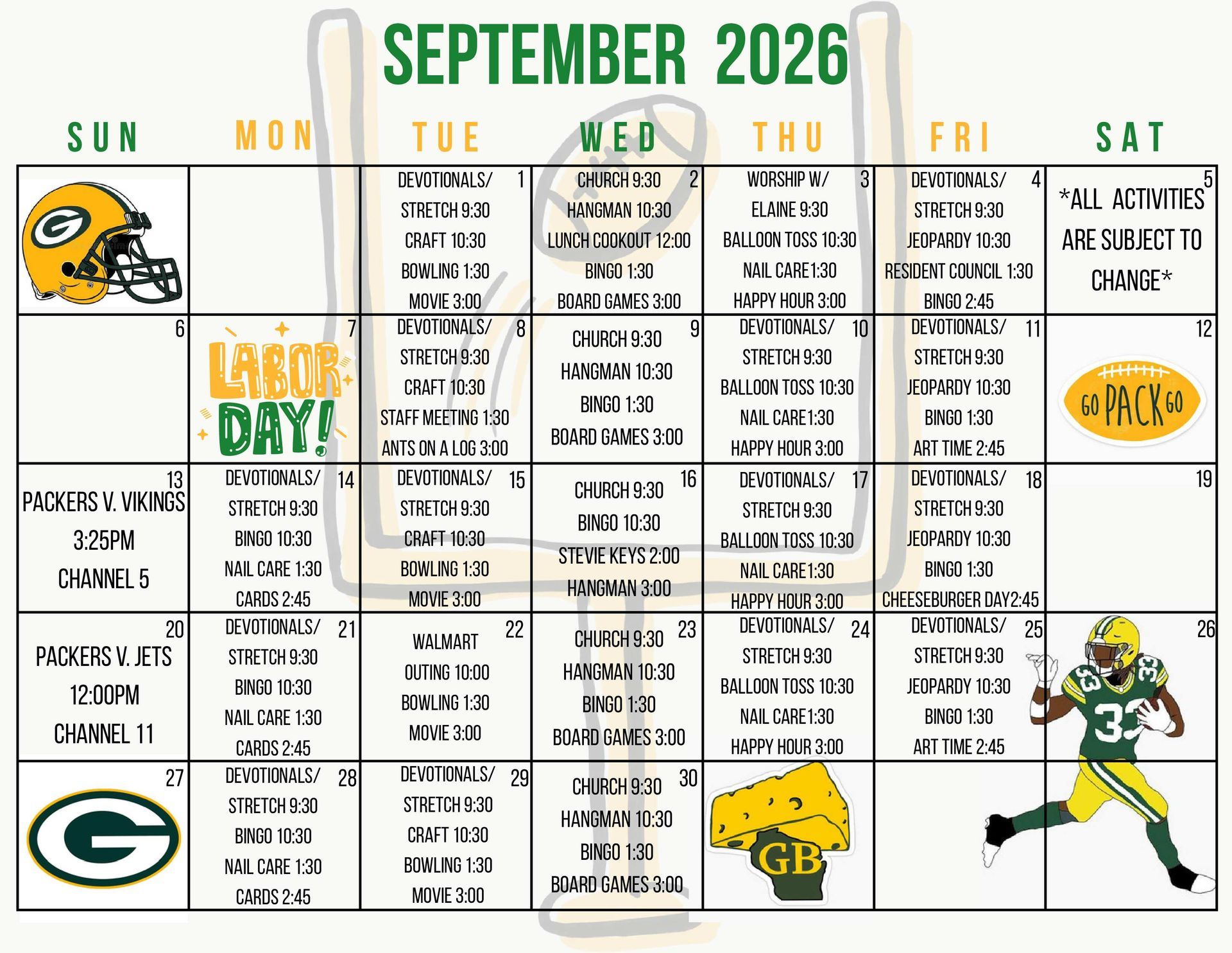 September 2026 Green Bay Packers schedule calendar with team logos and game highlights
