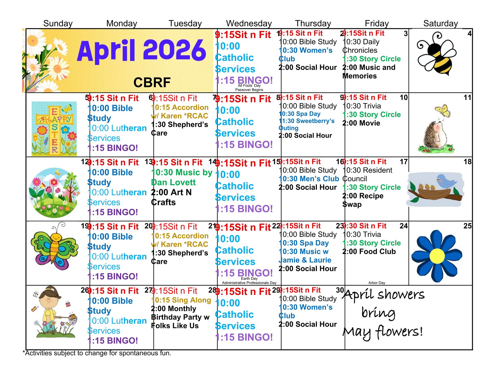 March 2026 calendar with St. Patrick's Day theme. Includes leprechauns, a rainbow, and a pot of gold.