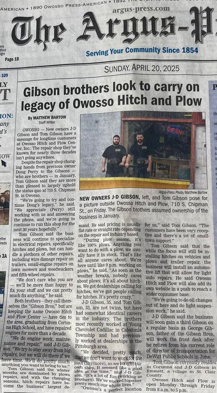 A newspaper article titled gibson brothers lock to carry on legacy of dodge hitch and plow