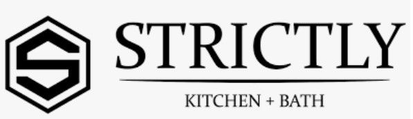 A black and white logo for strictly kitchen and bath.