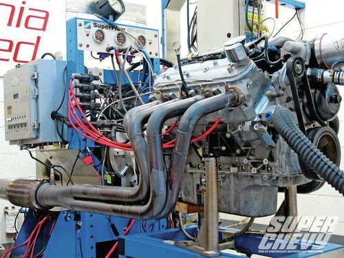 A super chevy engine is being tested on a machine