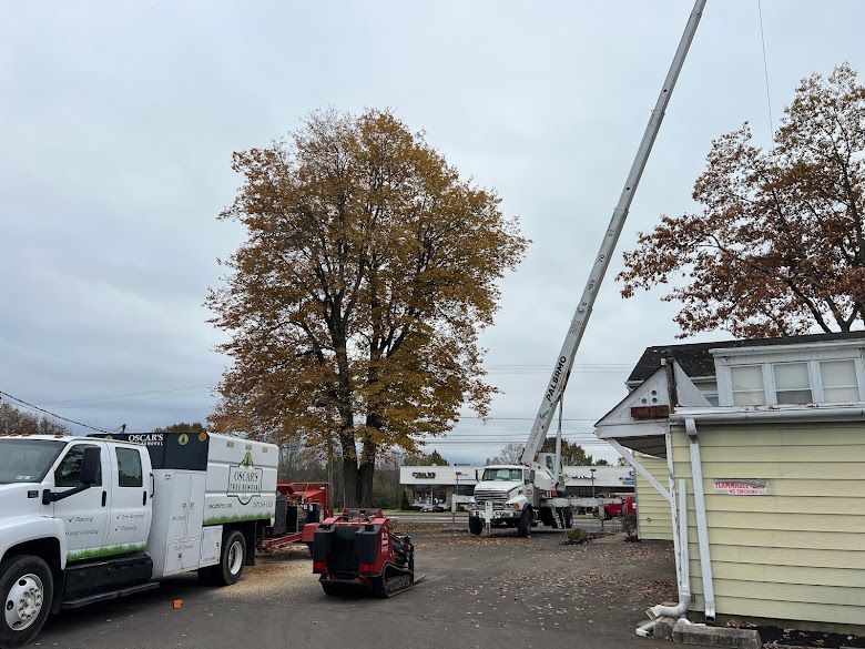 A white truck with a crane attached to it is parked in front of a house.
