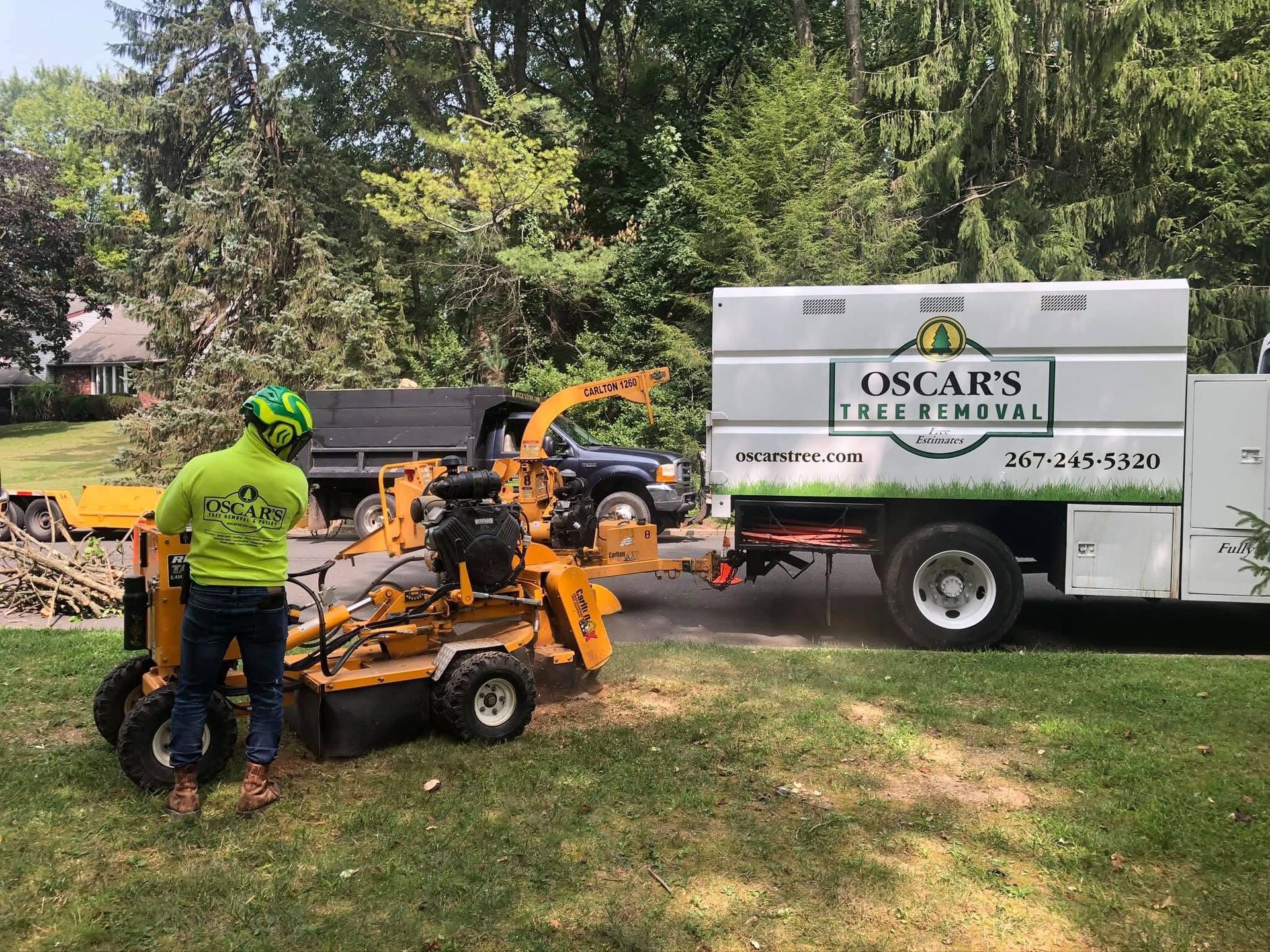 A man is standing next to a tree stump grinder in front of a truck.