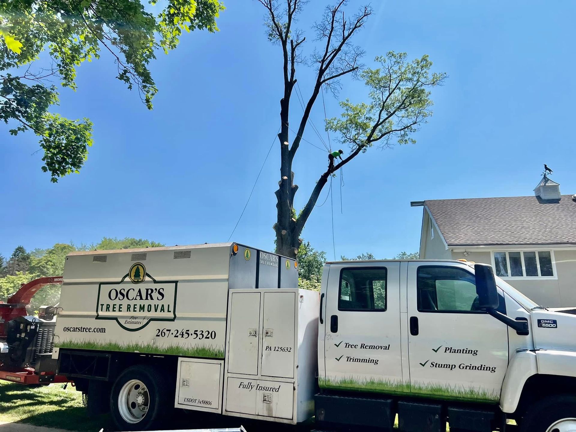 A white oscar 's tree service truck is parked in front of a house