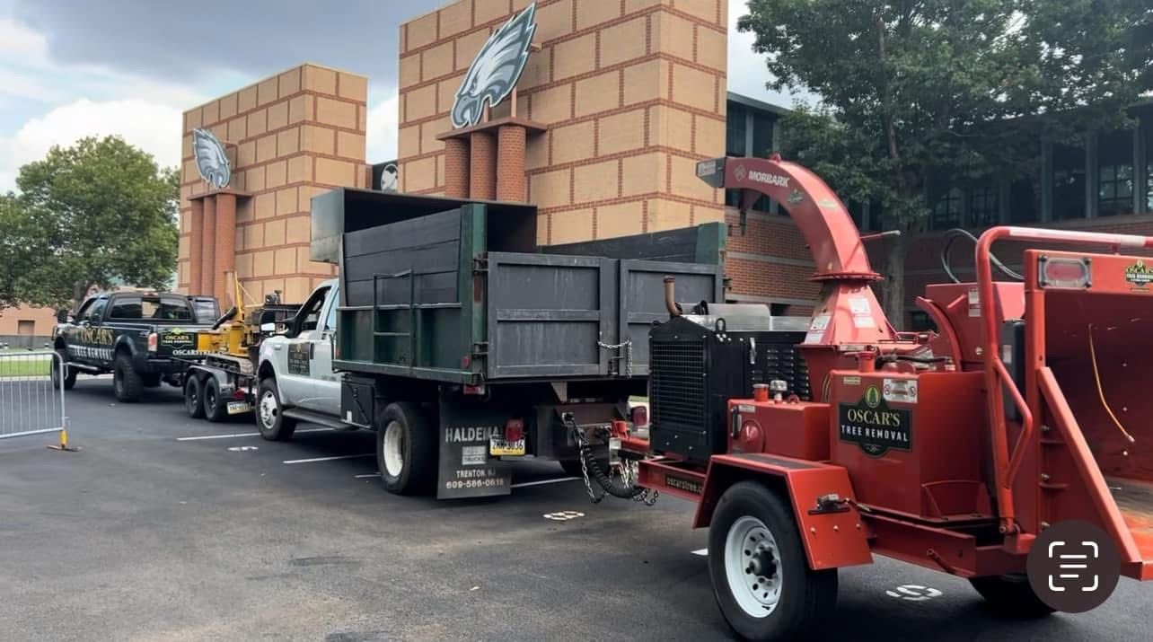 A row of trucks are parked in a parking lot in front of a building.