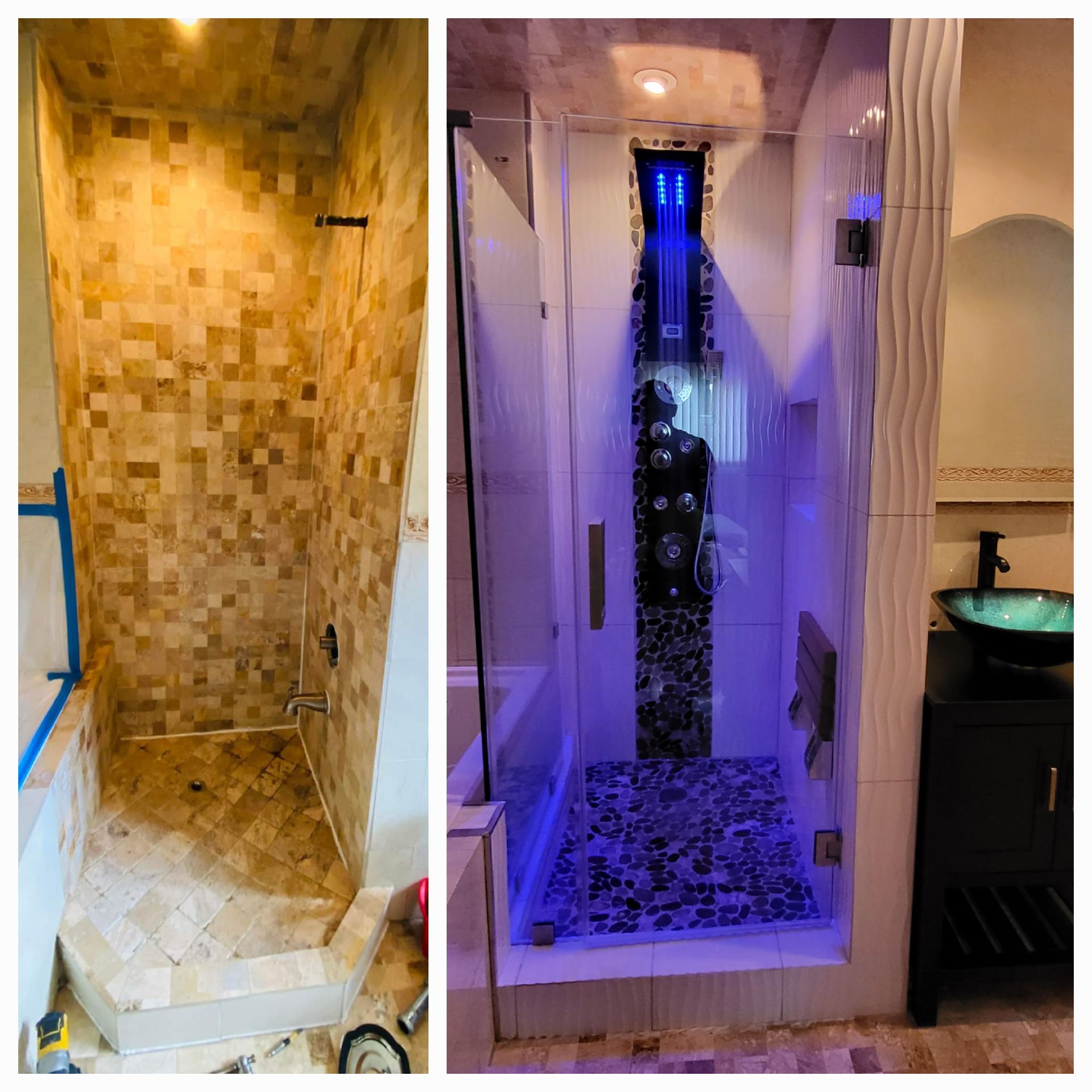 a before and after picture of a shower in a bathroom