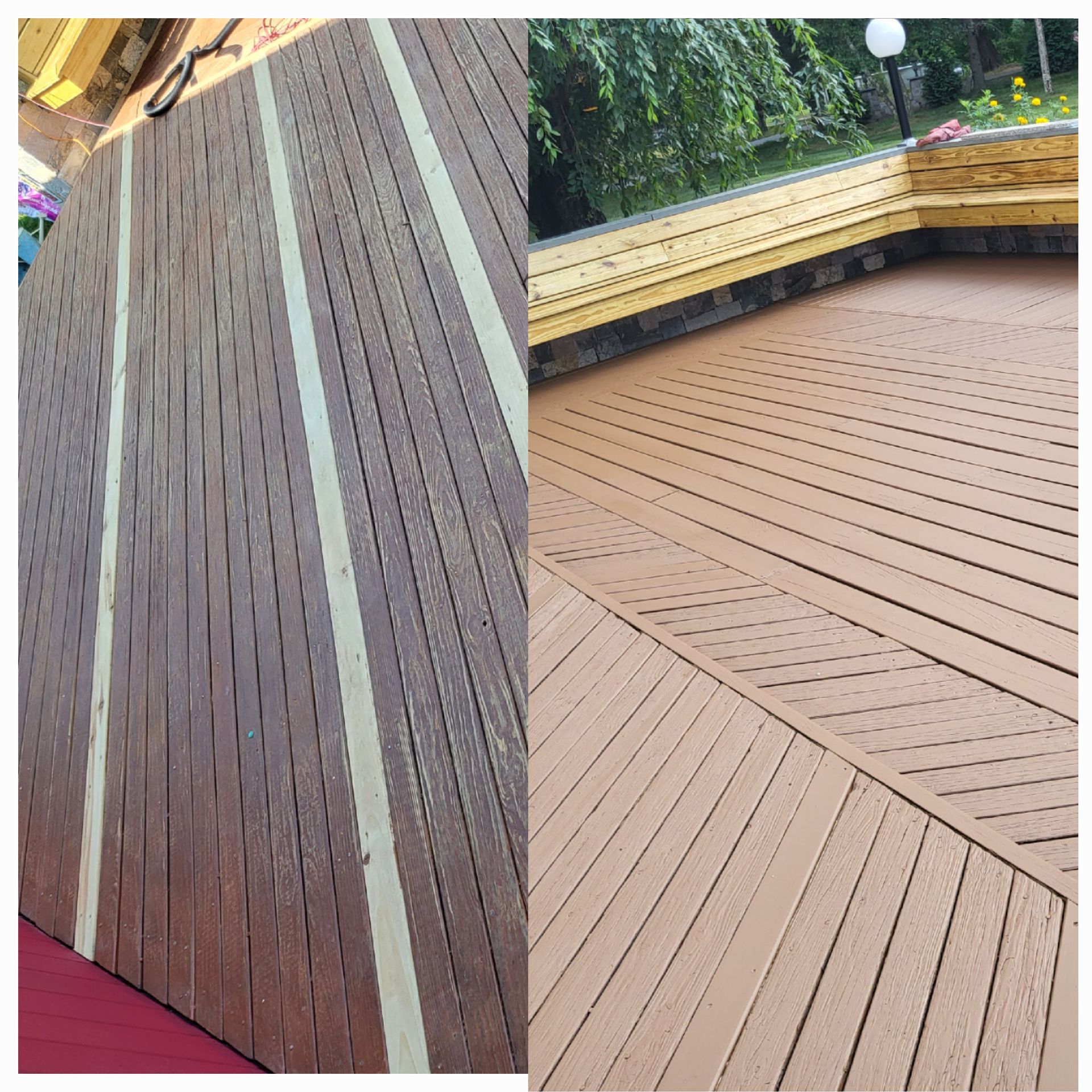 a before and after photo of a wooden deck