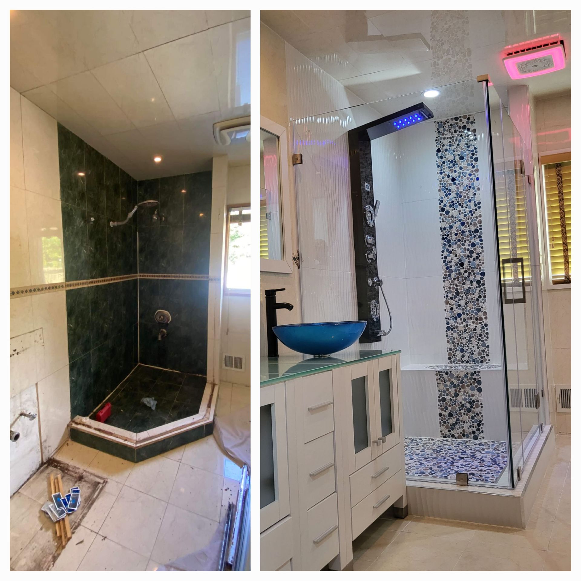 a before and after picture of a bathroom with a sink