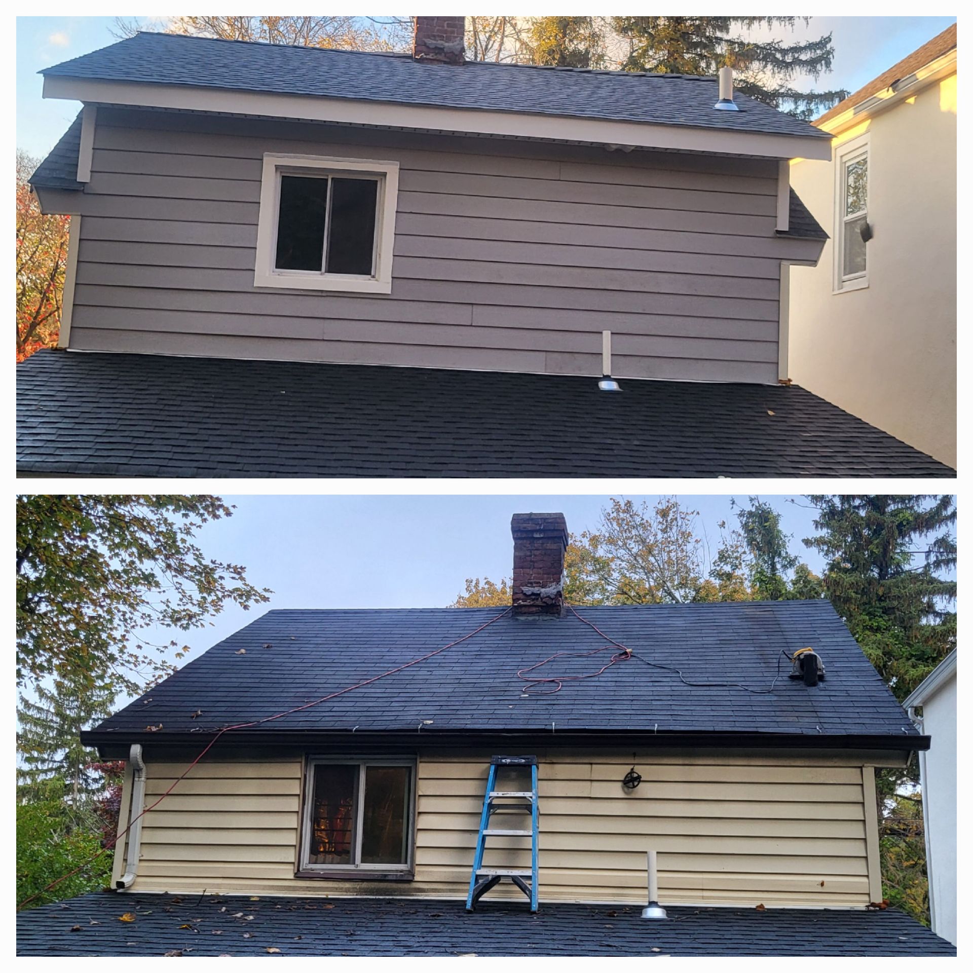a before and after picture of a house with a black roof