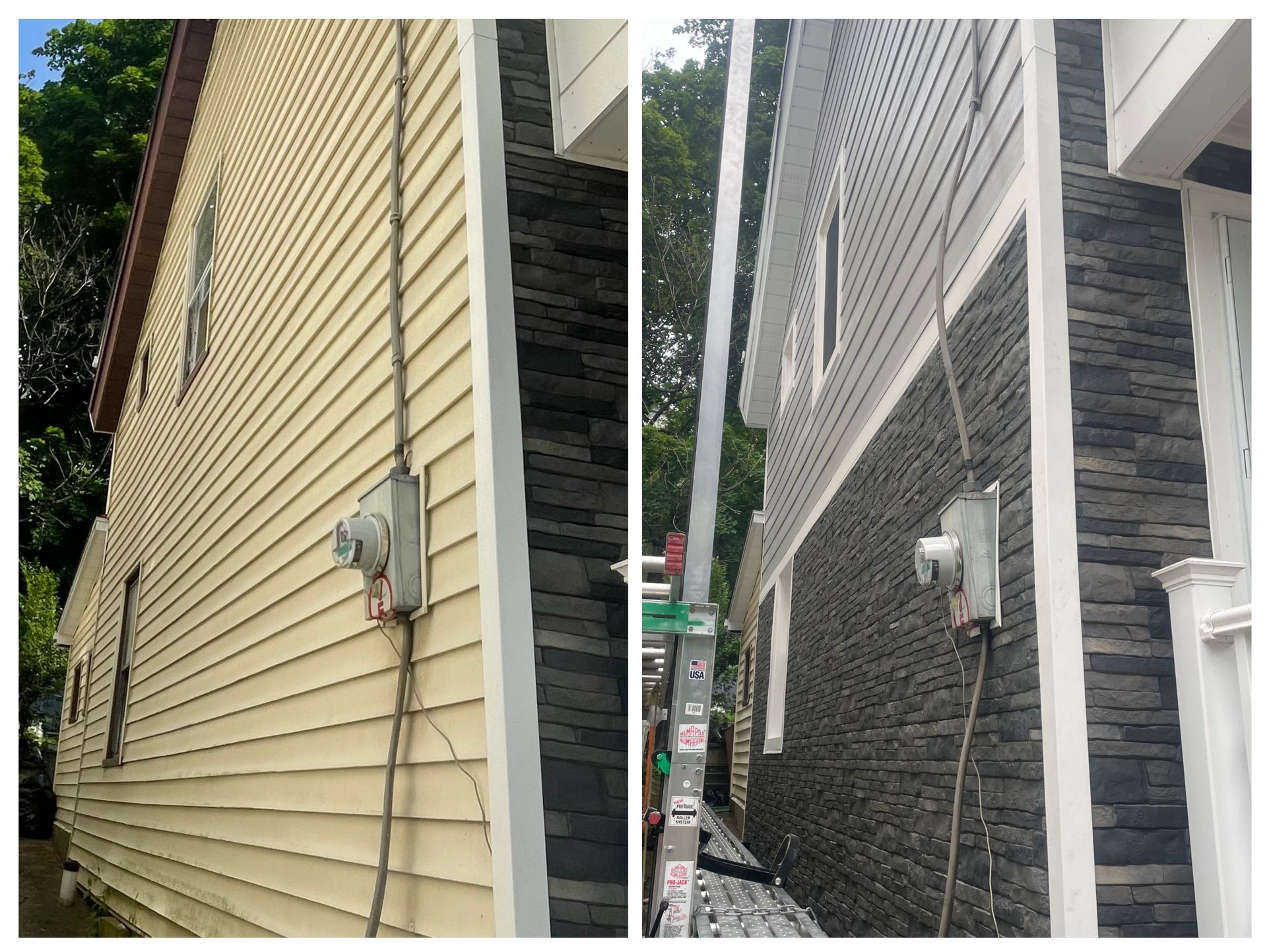 a before and after picture of a house with siding being installed