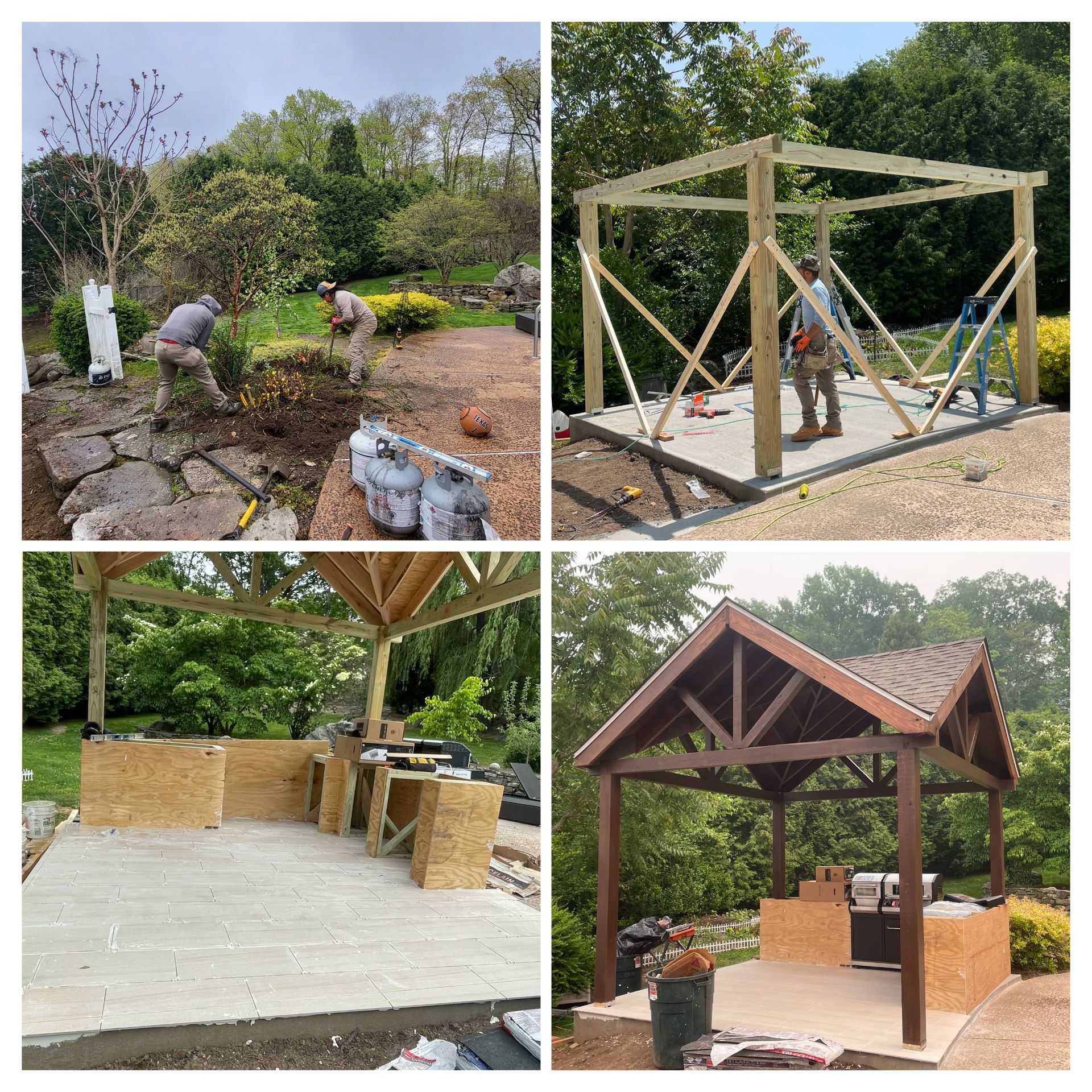 a collage of four pictures of a gazebo being built