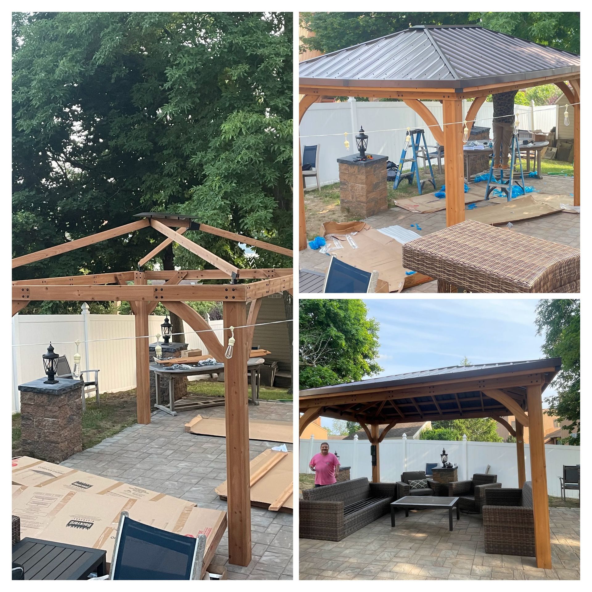 a wooden gazebo is being built in a backyard
