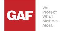 Logo for GAF featuring bold white text on a red square next to the gray slogan, 