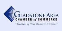 Logo for the Gladstone Area Chamber of Commerce with a blue diamond icon and the slogan 