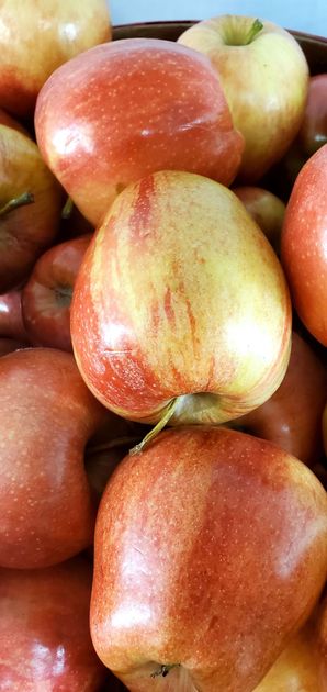 Close-up of ripe, red and yellow apples piled together.