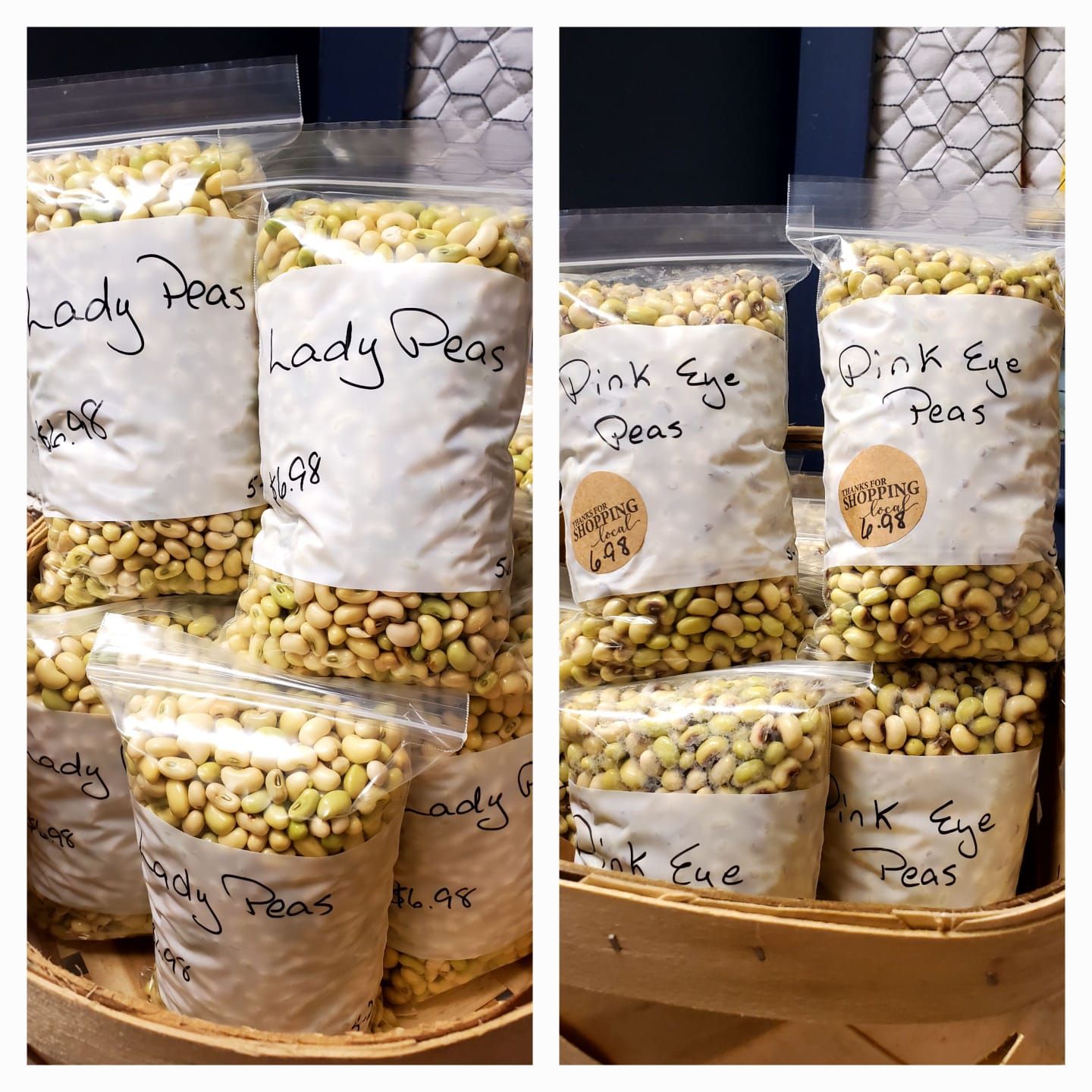 Bags of lady peas are stacked on top of each other