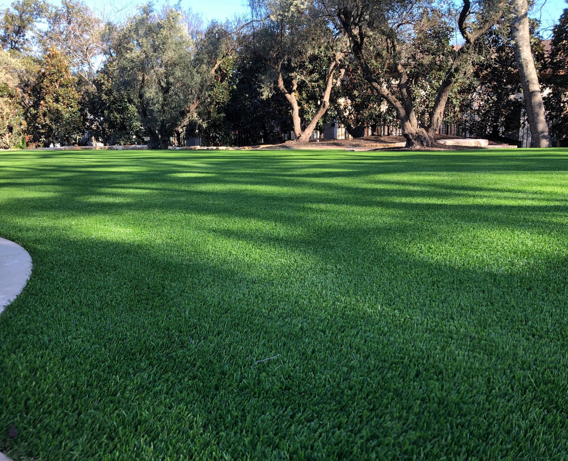 Green, perfectly manicured lawn with trees in the background, under a bright, sunny sky.