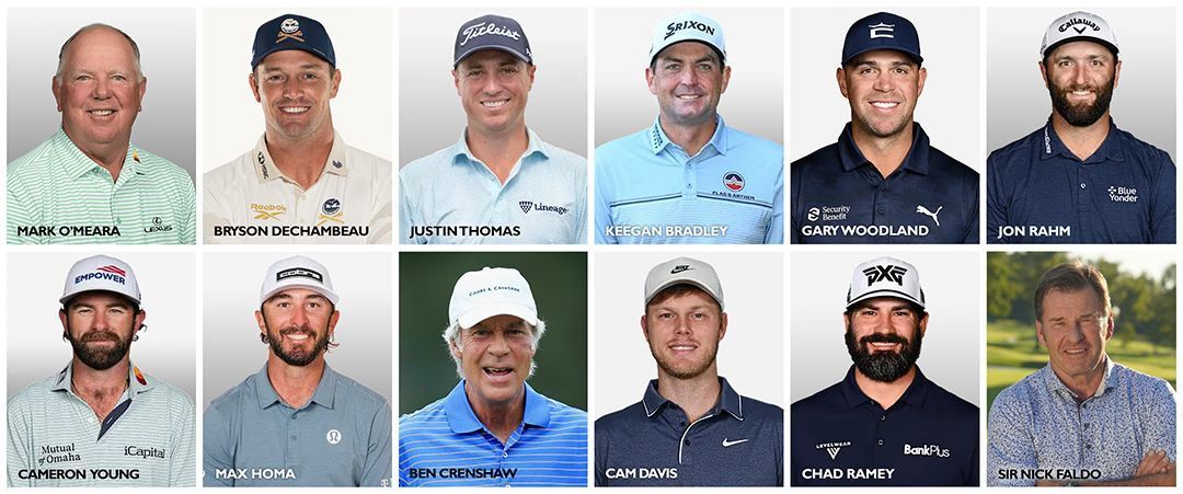 Twelve portrait headshots of men in golf shirts and caps arranged in a 2x6 grid with names below each photo