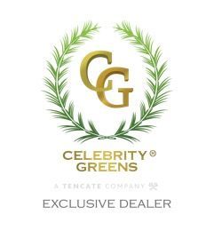 Celebrity Greens logo with gold CG inside green laurel wreath and Exclusive Dealer text.
