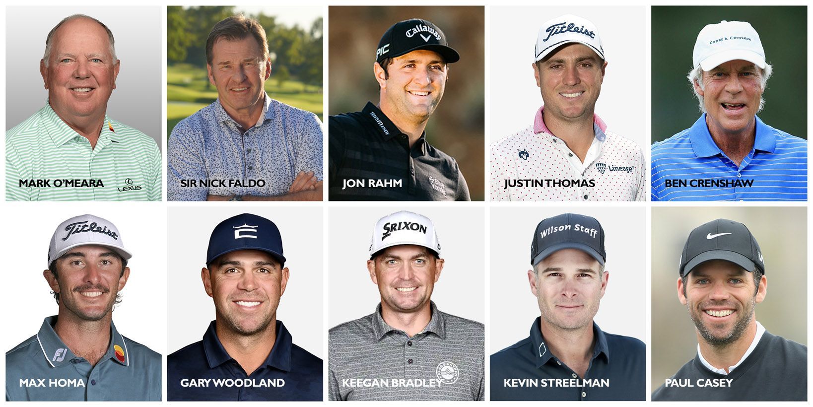 Portraits of ten golfers in a grid; each wearing a hat and golf attire; smiling.