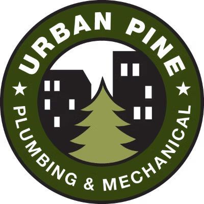 Urban Pine Plumbing & Mechanical logo with buildings and a pine tree in a green circle