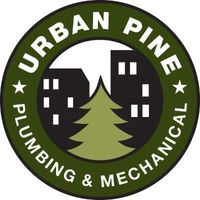 Urban Pine Plumbing & Mechanical logo with buildings and a pine tree in a green circle