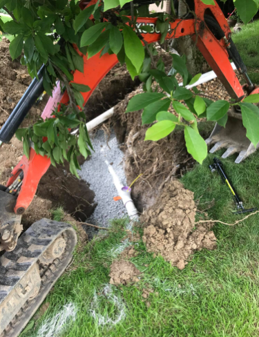 A trench containing a white pipe and gravel is being dug by an orange Kubota mini excavator near a tree's root system.