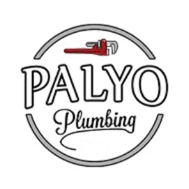 Logo for Palyo Plumbing featuring a red pipe wrench above the word PALYO and cursive text reading Plumbing in a circle.