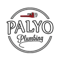 Logo for Palyo Plumbing featuring a red pipe wrench above the word PALYO and cursive text reading Plumbing in a circle.