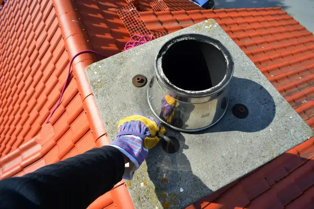 Gloved hands work on a metal chimney pipe atop a red tiled roof