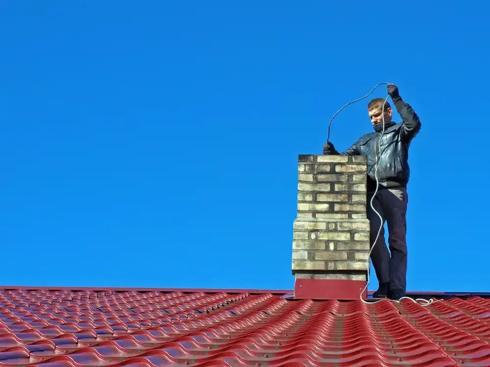 Person standing on a red roof beside a brick chimney under a clear blue sky