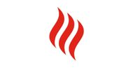 Red stylized flame logo on a white background
