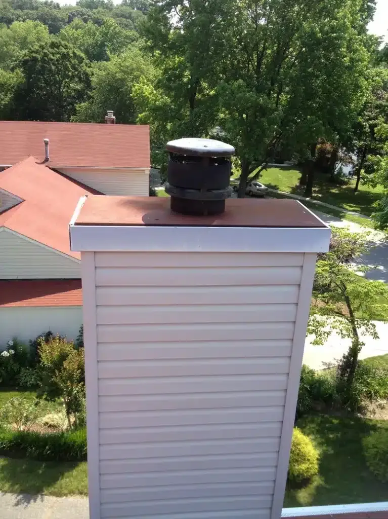 White house roof with black chimney vent and green trees in the background