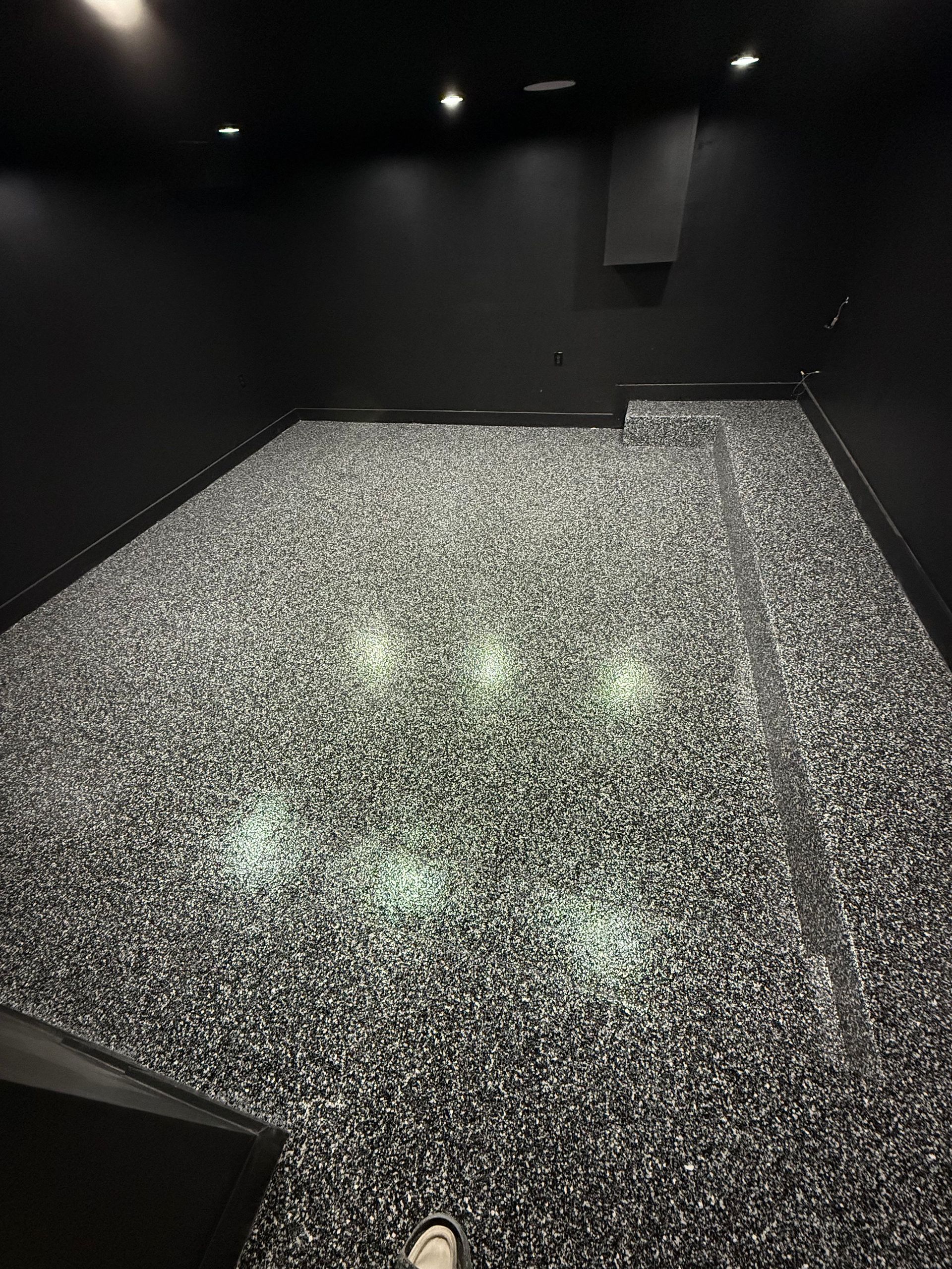 Dark room with a speckled black-and-white floor and overhead lights, resembling a small theater or gallery.
