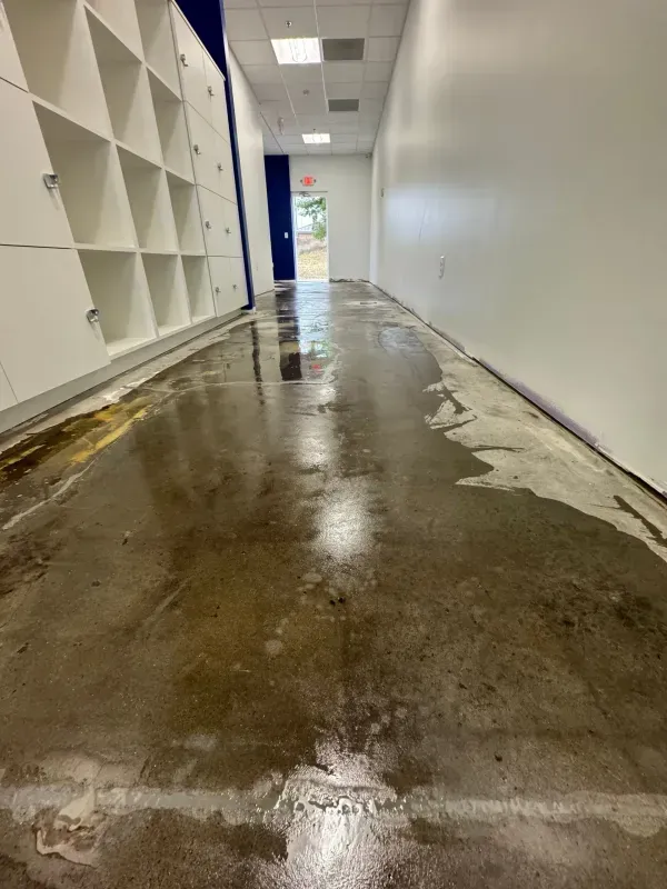 Damaged hallway with peeling wet floor and white walls, leading to a doorway at the end.