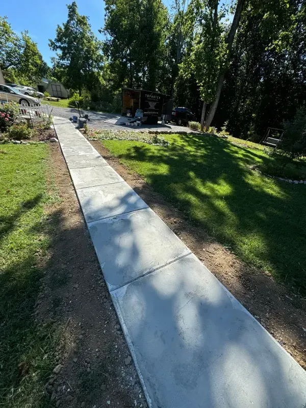 Concrete walkway through a sunny grassy yard with trees and a landscaped area in the background
