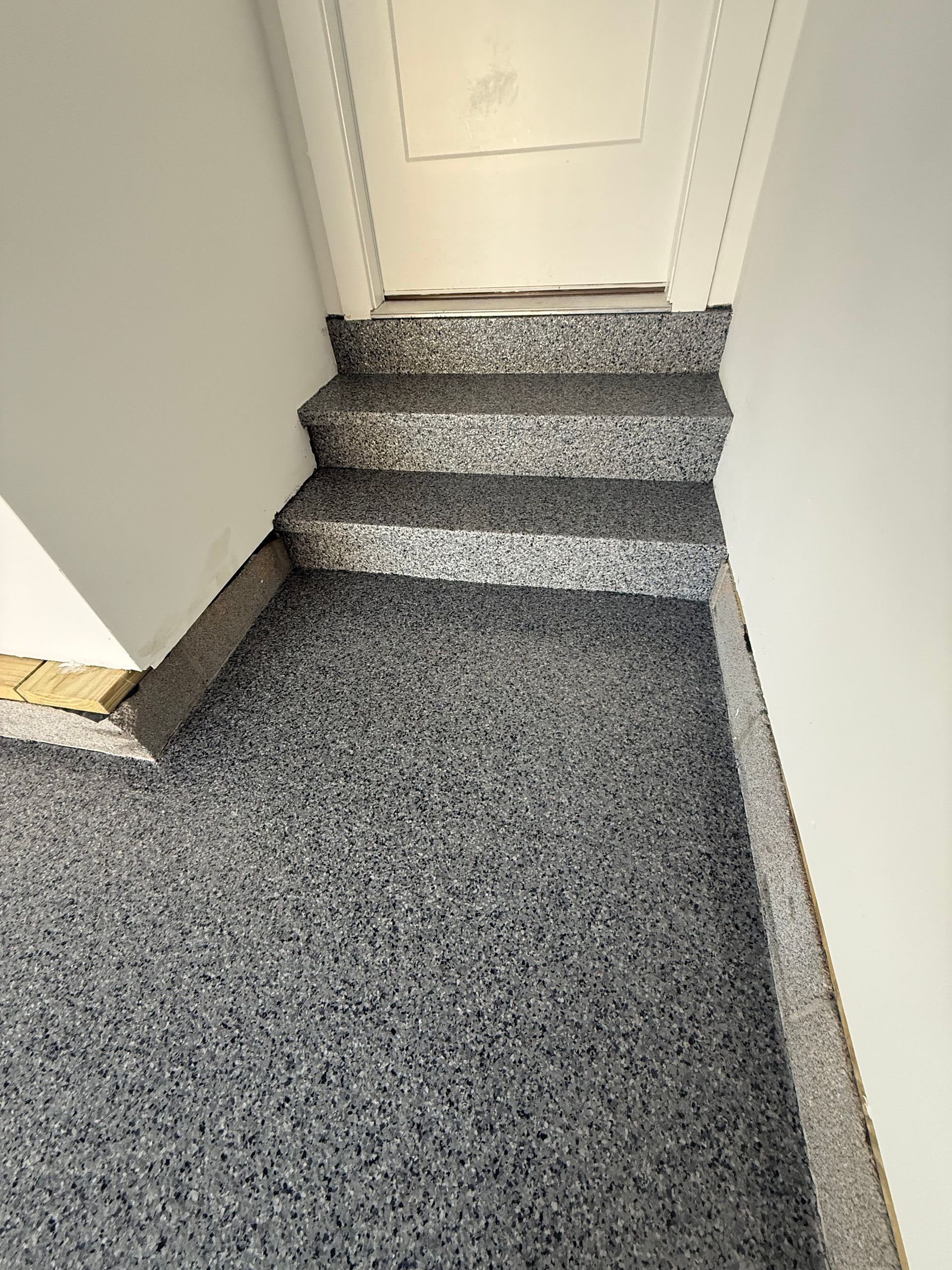 Carpeted hallway with a short flight of gray-speckled steps leading to a white door