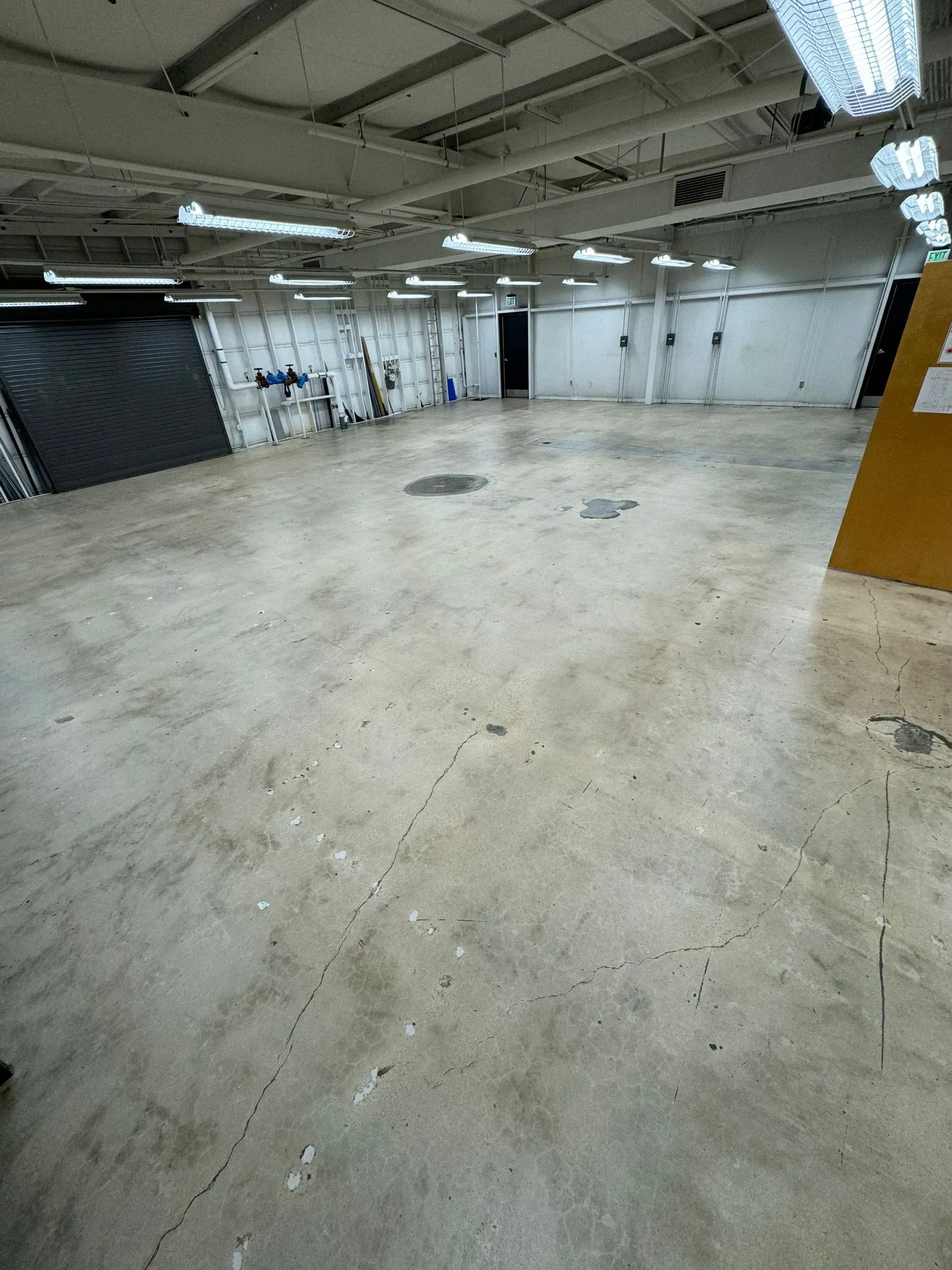 Large, empty warehouse with concrete floor and overhead lights. Walls are white and contain doors.