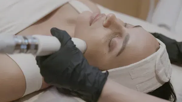 Person receiving a facial treatment with a handheld device while lying on a spa bed