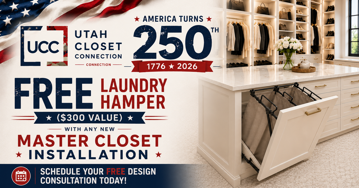 UCC Utah Closet Connection promo with beige closet interior, 250th anniversary offer, and free laundry hamper deal