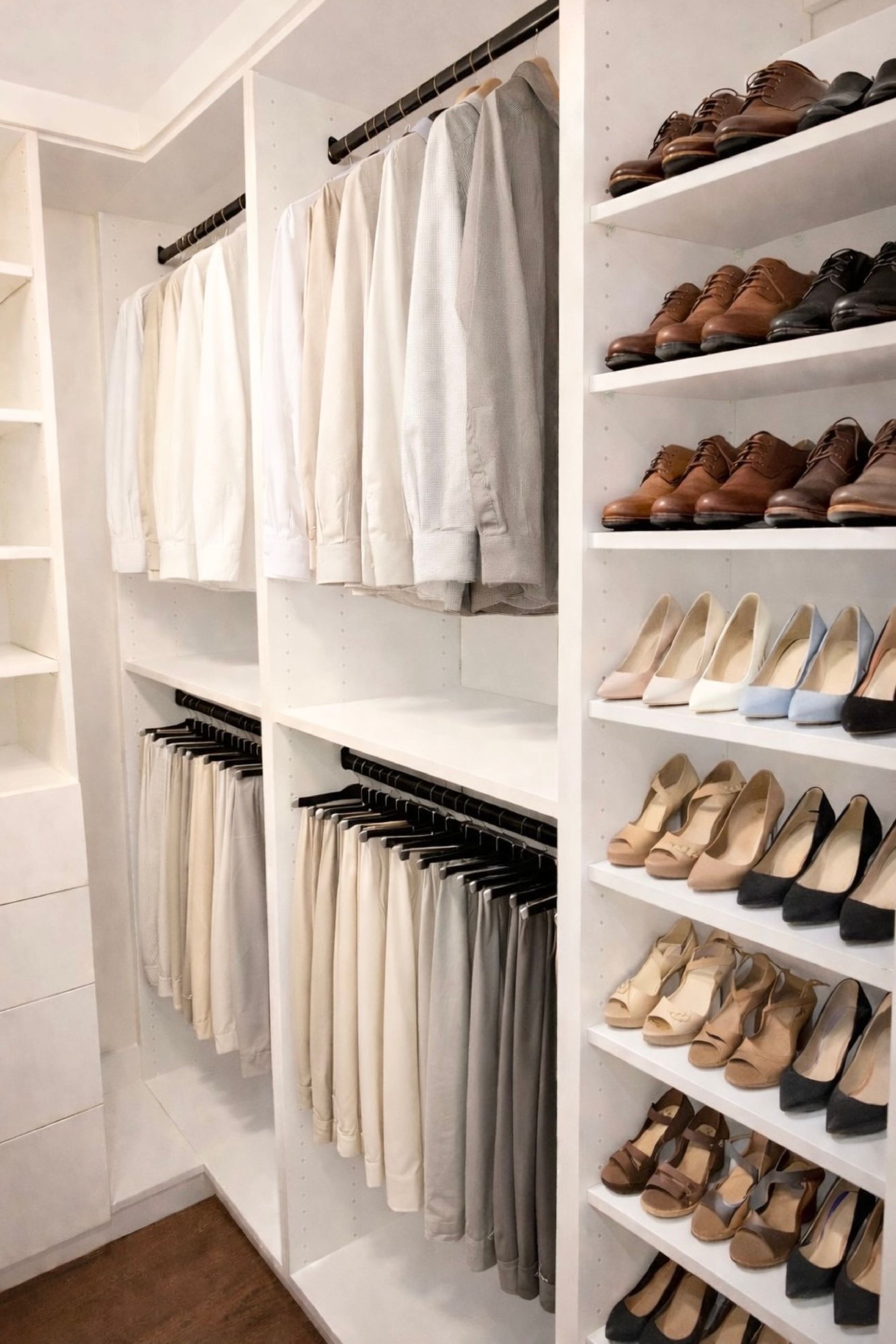 Walk-in closet organized with white shirts and pants, plus a shoe rack filled with various colored footwear.