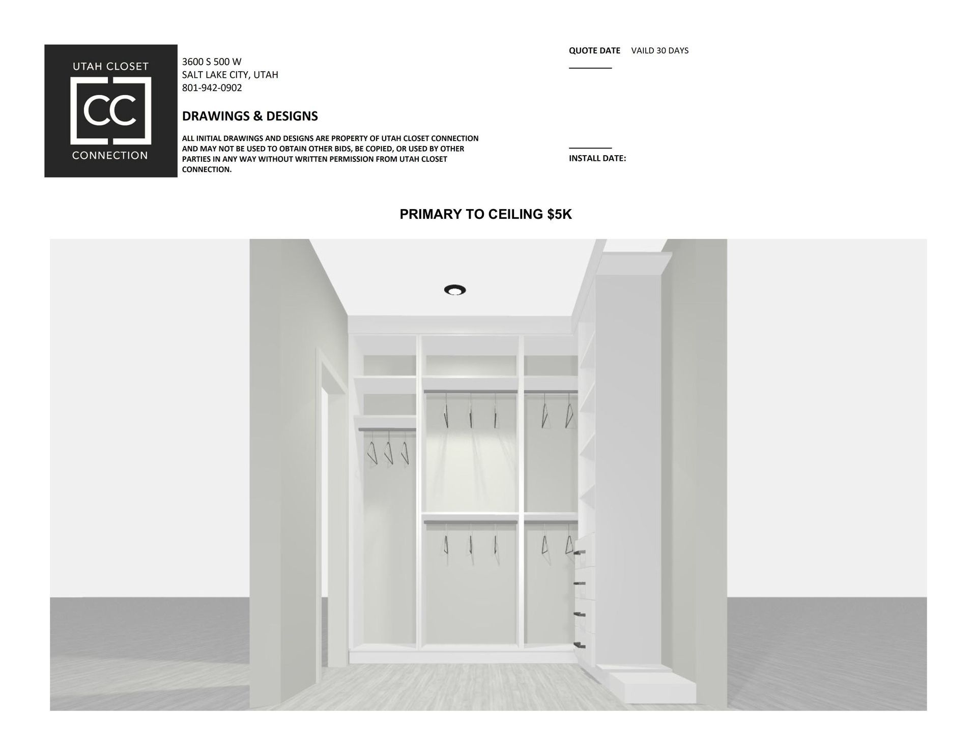 Perspective view of a white walk-in closet design with hanging rods and shelves.
